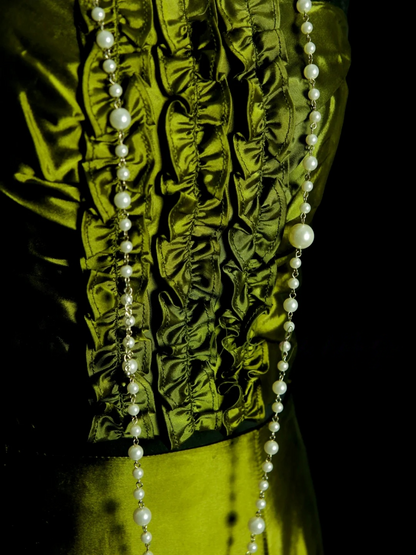 Strapless Green Satin Prom Dress Vintage Ruffle Party Dress Evening Dress  P157