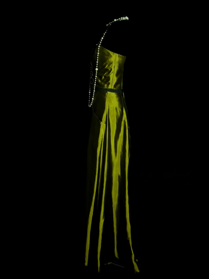 Strapless Green Satin Prom Dress Vintage Ruffle Party Dress Evening Dress  P157