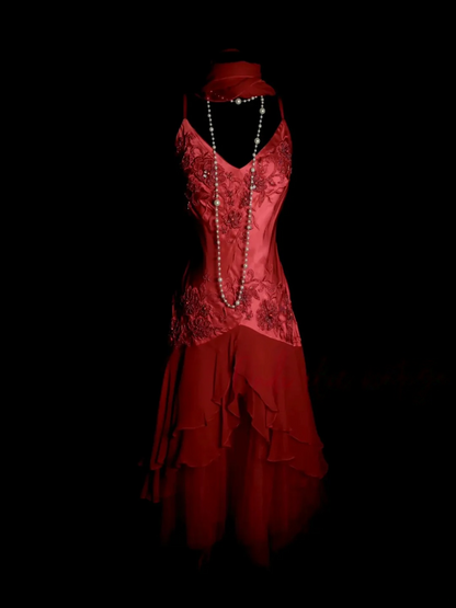 V Neck Red Applique Prom Dress Vintage Evening Dress Party Dress  P159