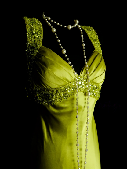 Green Beaded Straps Satin Prom Dress Vintage Evening Dress Party Dress  P161