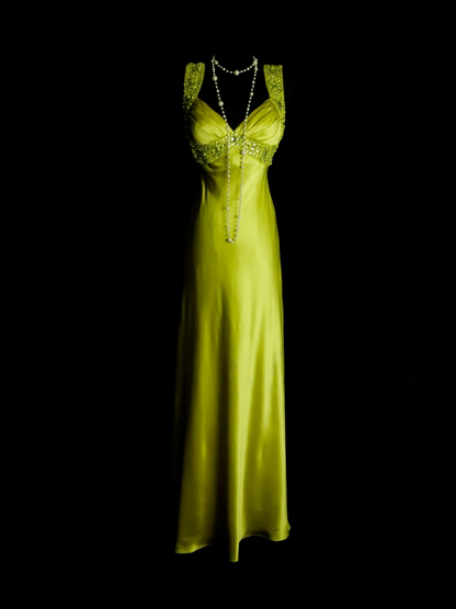 Green Beaded Straps Satin Prom Dress Vintage Evening Dress Party Dress  P161