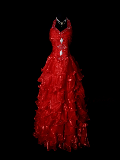 A Line Red Organza Layered Prom Dress Vintage Birthday Dress  P163
