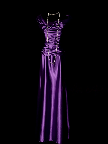 Purple Sheath Satin Prom Dress Vintage Evening Dress  P166