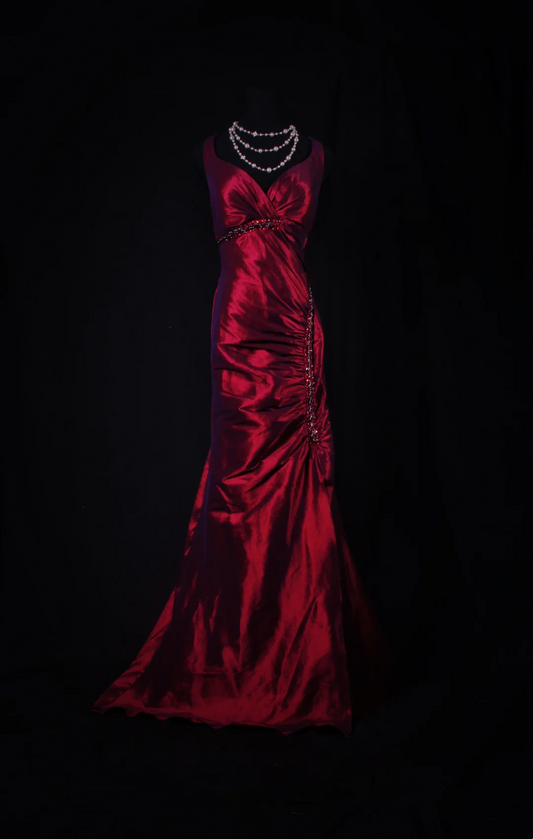 V Neck Red Satin Prom Dress Beaded Formal Party Dress  P167