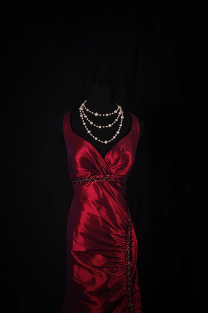 V Neck Red Satin Prom Dress Beaded Formal Party Dress  P167