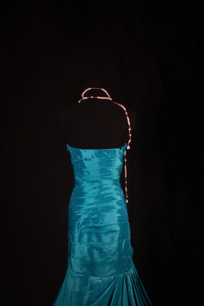 Strapless Blue Satin Prom Dress Beaded Formal Evening Dress  P168