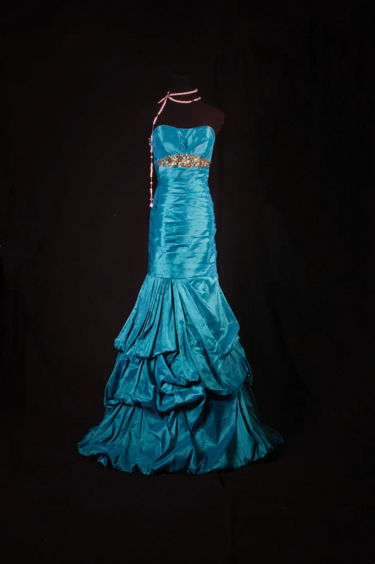 Strapless Blue Satin Prom Dress Beaded Formal Evening Dress  P168