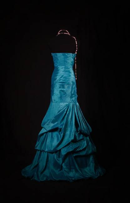 Strapless Blue Satin Prom Dress Beaded Formal Evening Dress  P168
