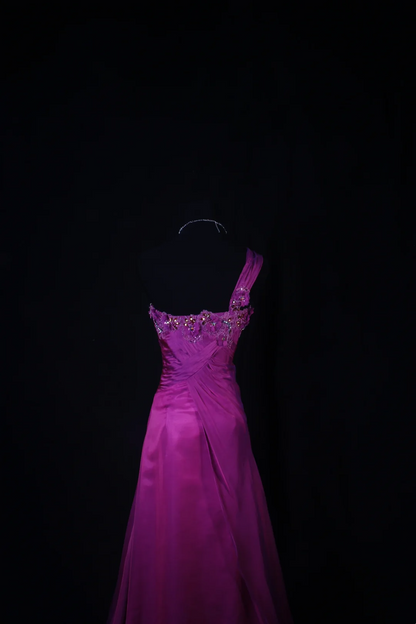 One Shoulder Fuchsia A Line Beaded Prom Dress Bridesmaid Dresses  P172
