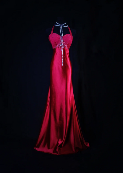 Halter Red Satin Mermaid Prom Dress Formal Party Dress Evening Dress  P174