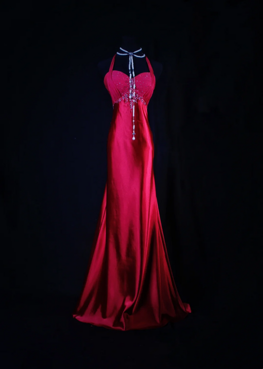 Halter Red Satin Mermaid Prom Dress Formal Party Dress Evening Dress  P174