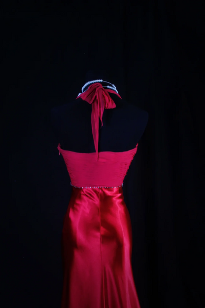 Halter Red Satin Mermaid Prom Dress Formal Party Dress Evening Dress  P174