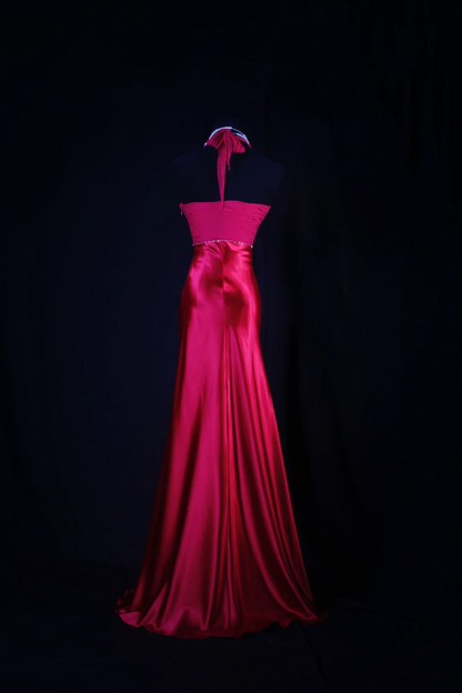 Halter Red Satin Mermaid Prom Dress Formal Party Dress Evening Dress  P174
