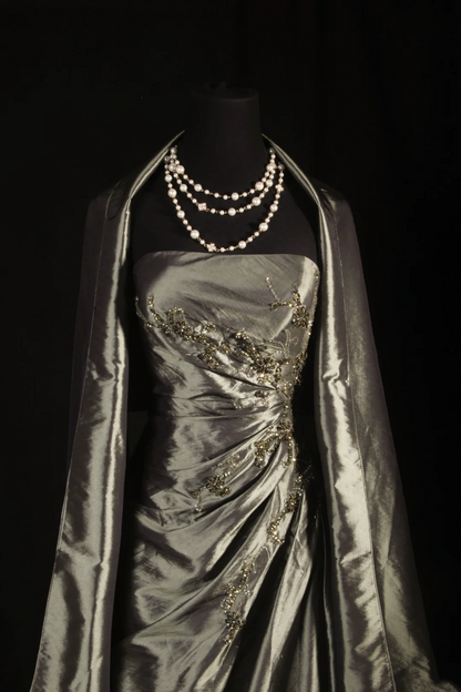 Strapless Green Satin Beaded Prom Dress Formal Party Dress Evening Dress  P180