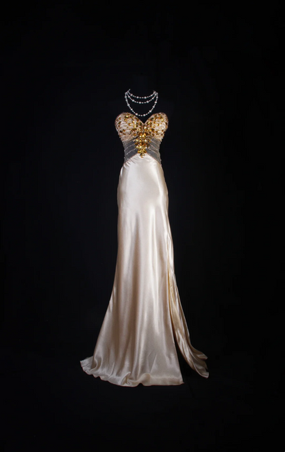 Sweetheart Champagne Satin Beaded Prom Dress Evening Dress  P181
