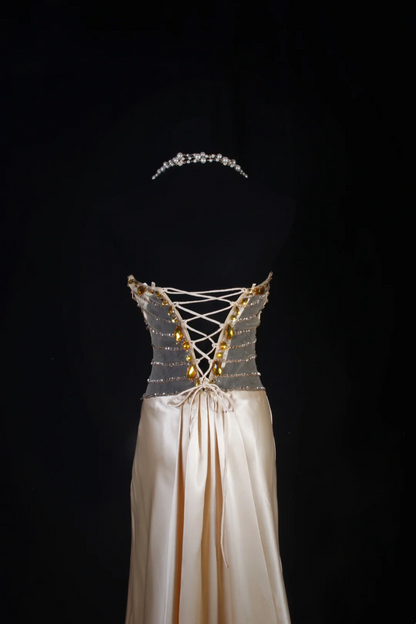 Sweetheart Champagne Satin Beaded Prom Dress Evening Dress  P181