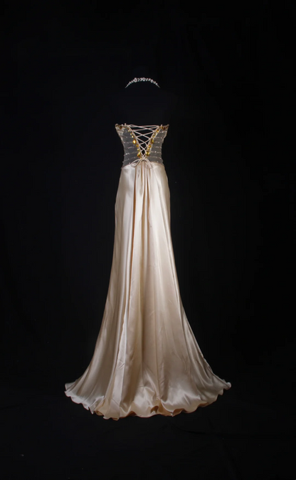 Sweetheart Champagne Satin Beaded Prom Dress Evening Dress  P181