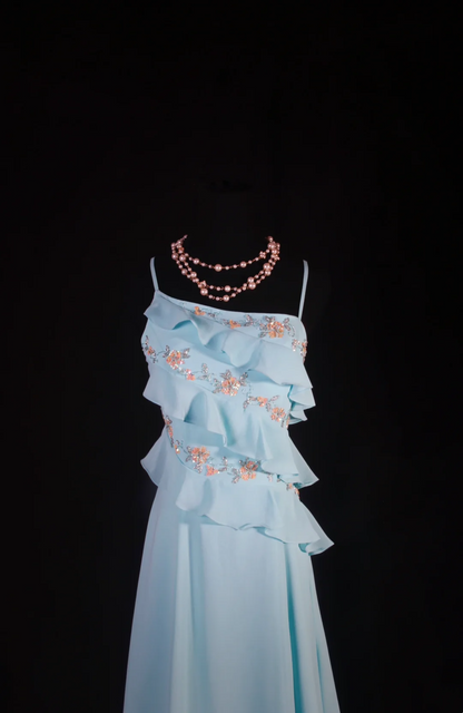 Blue Ruffle Chiffon Prom Dresses Beaded Party Dress  P184