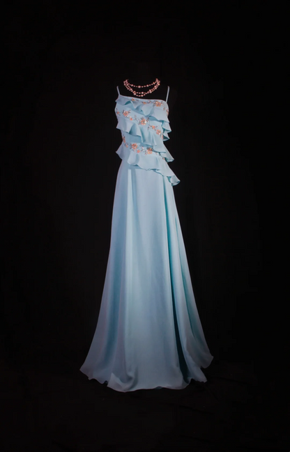 Blue Ruffle Chiffon Prom Dresses Beaded Party Dress  P184