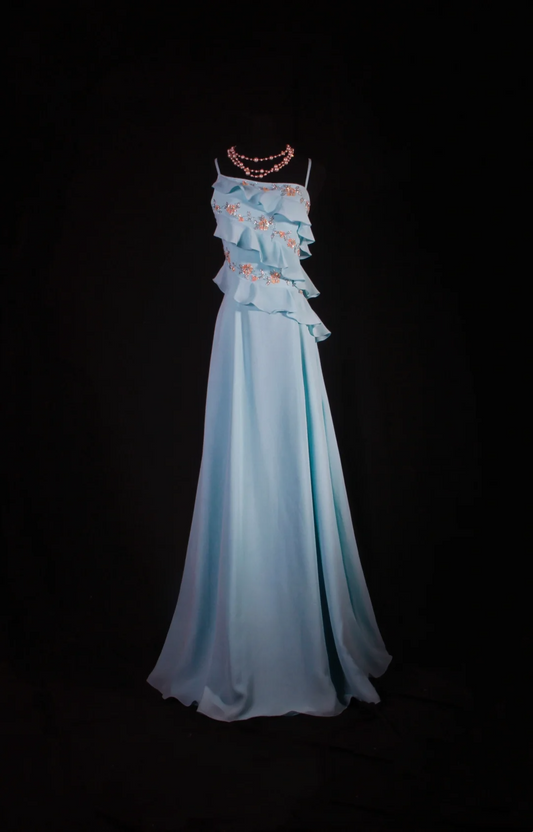 Blue Ruffle Chiffon Prom Dresses Beaded Party Dress  P184