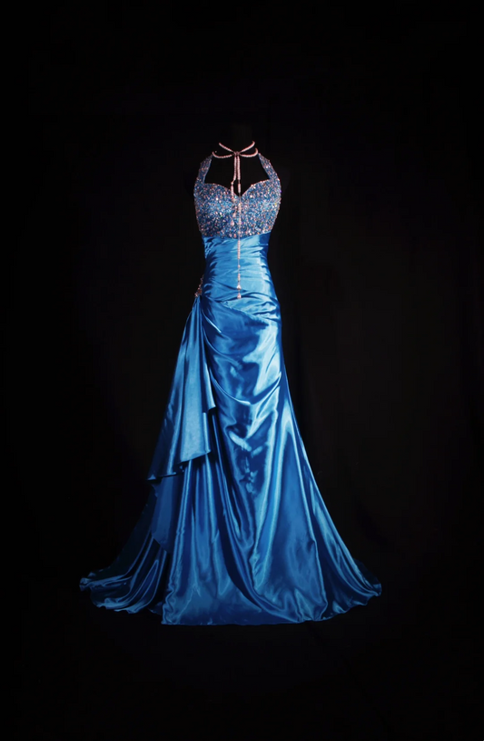 Halter Blue A Line Prom Dresses Beaded Evening Party Dress  P191