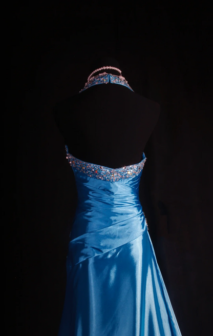 Halter Blue A Line Prom Dresses Beaded Evening Party Dress  P191