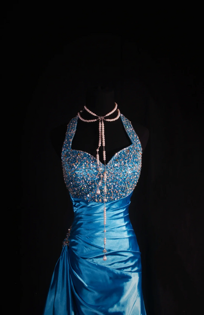 Halter Blue A Line Prom Dresses Beaded Evening Party Dress  P191