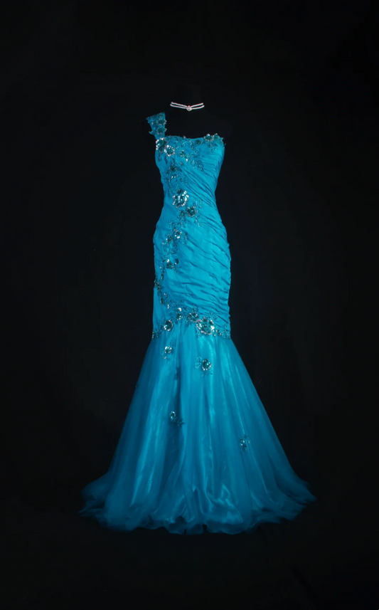 One Shoulder Blue Tulle Prom Dresses Mermaid Applique Evening Party Dress  P193