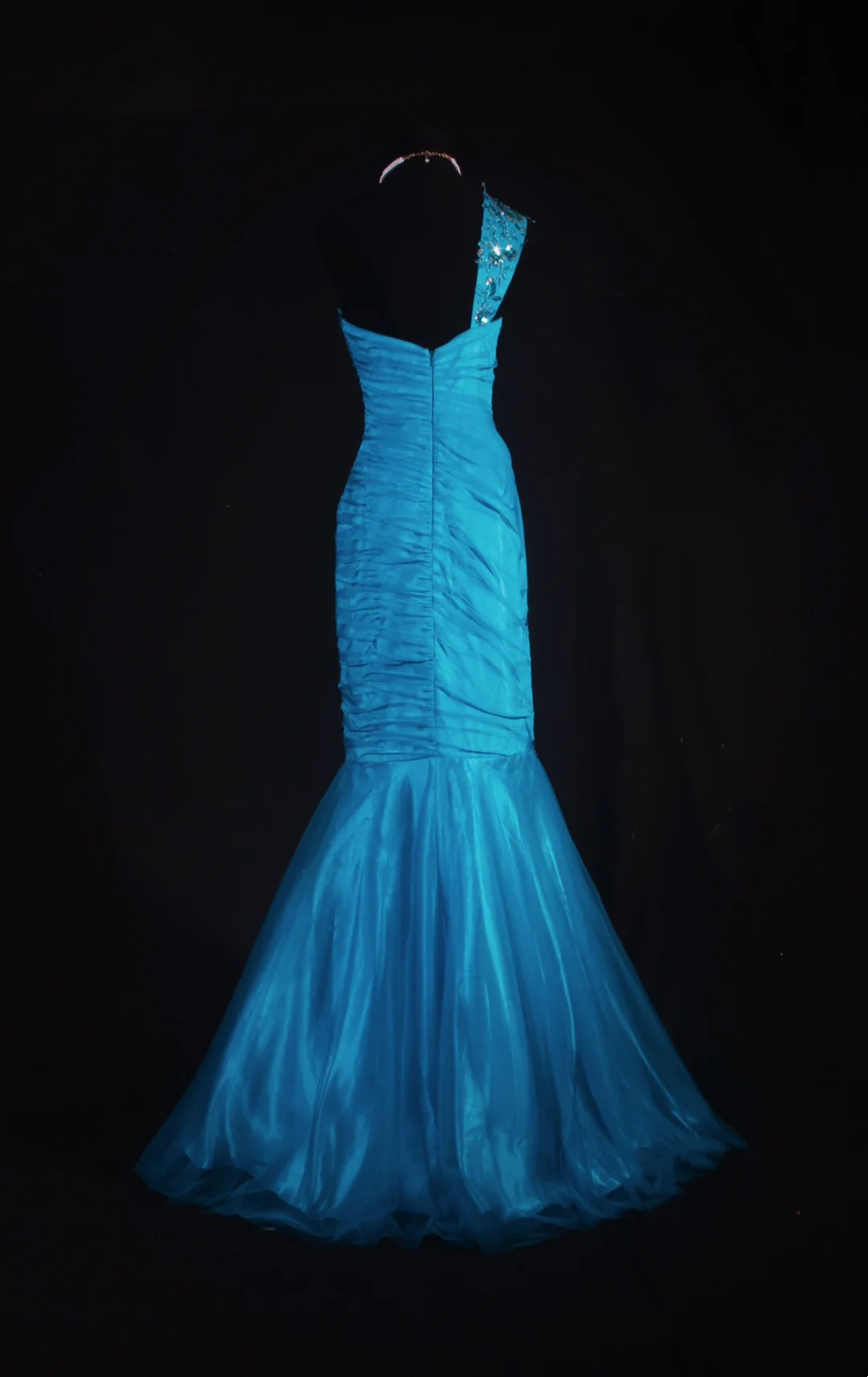 One Shoulder Blue Tulle Prom Dresses Mermaid Applique Evening Party Dress  P193