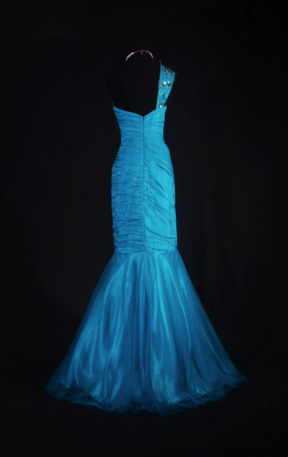 One Shoulder Blue Tulle Prom Dresses Mermaid Applique Evening Party Dress  P193