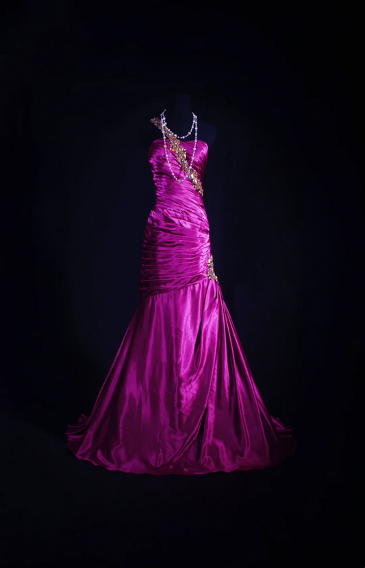 Fuchsia Satin Prom Dresses Mermaid Beaded Strap Evening Party Dress  P194