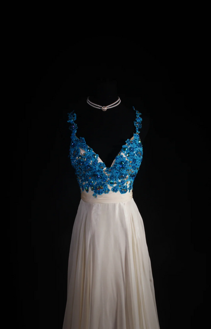 V Neck Champagne Tulle Prom Dress Applique Formal Party Dress  P199