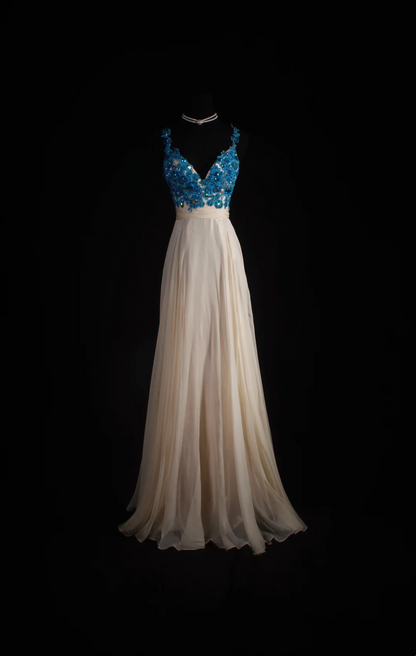 V Neck Champagne Tulle Prom Dress Applique Formal Party Dress  P199