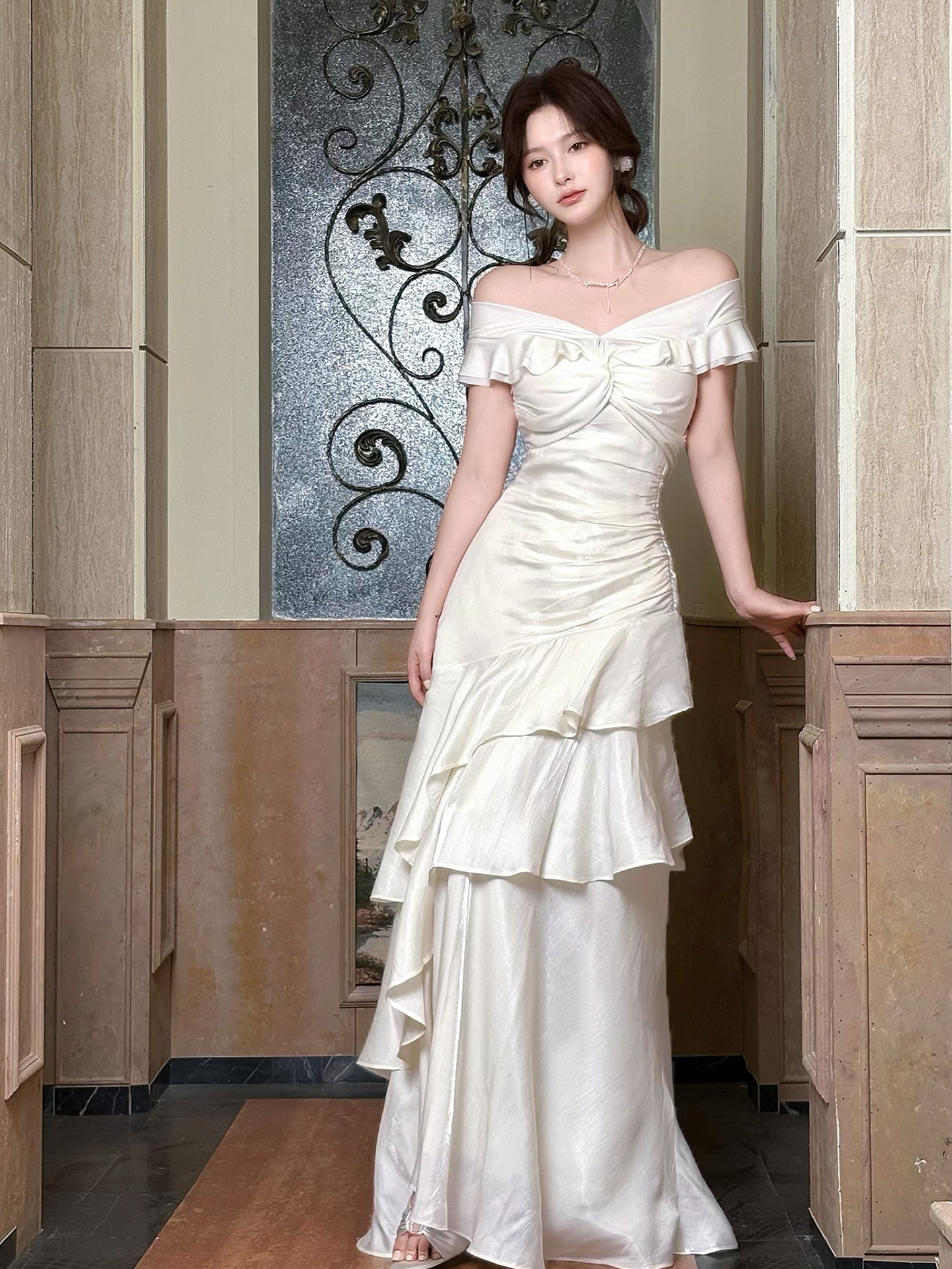 Off The Shoulder Layered Prom Dress Ivory Formal Party Dress P20