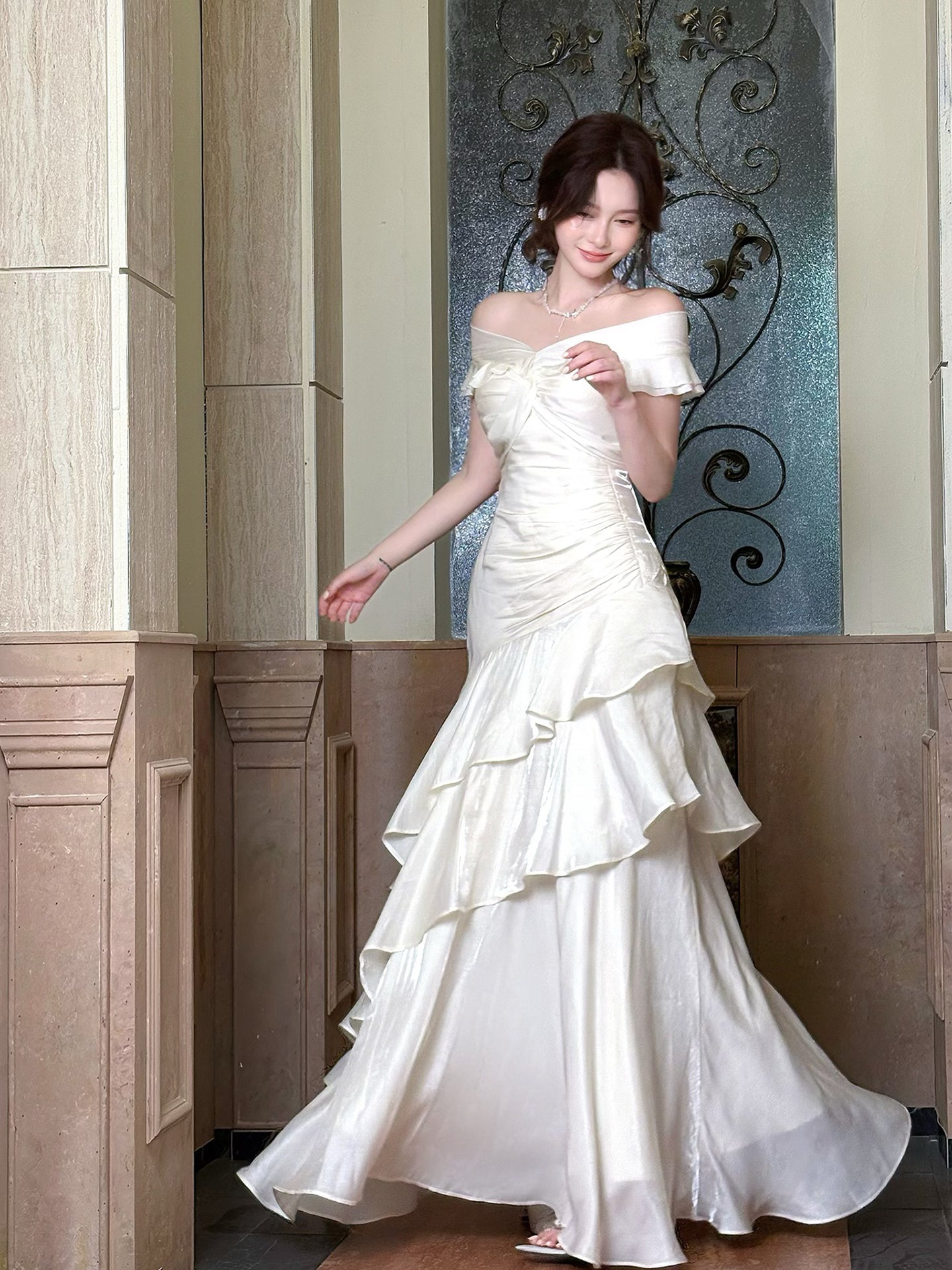 Off The Shoulder Layered Prom Dress Ivory Formal Party Dress P20