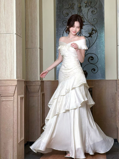 Off The Shoulder Layered Prom Dress Ivory Formal Party Dress P20