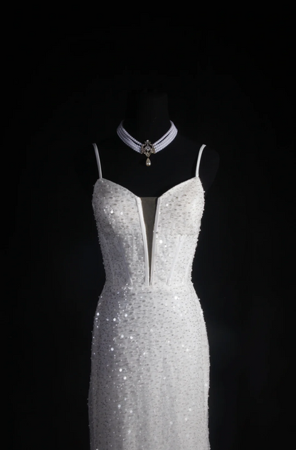 White Sequin Mermaid Wedding Dress Formal Evening Dress  P202