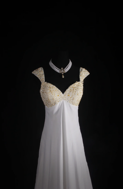 V Neck Chiffon Wedding Dress Beaded Applique Formal Evening Dress  P205