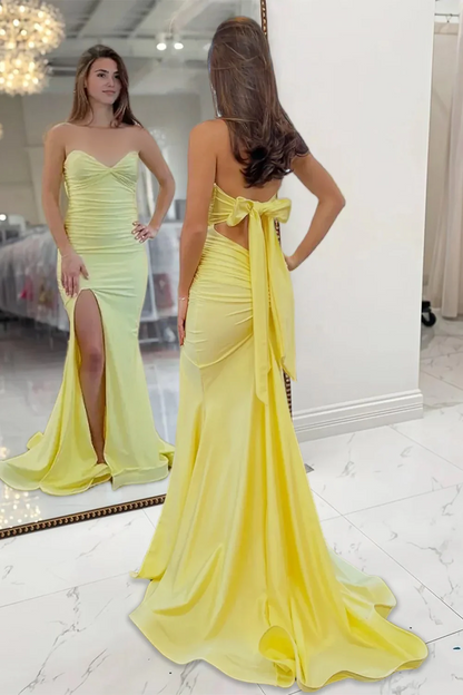 Strapless Yellow Sheath Satin Long Prom Dresses With Slit  P207