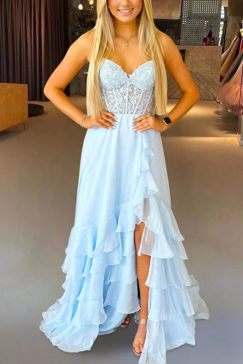 Strapless Sky Blue Chiffon A Line Long Prom Dresses With Appliques  P208