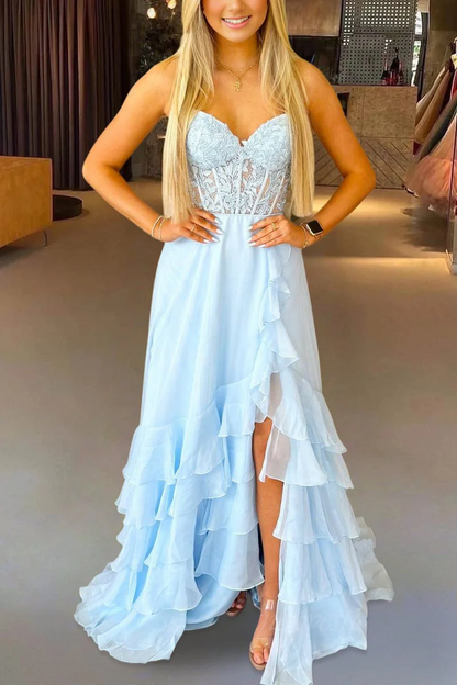 Strapless Sky Blue Chiffon A Line Long Prom Dresses With Appliques  P208