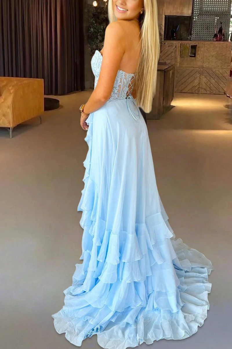 Strapless Sky Blue Chiffon A Line Long Prom Dresses With Appliques  P208