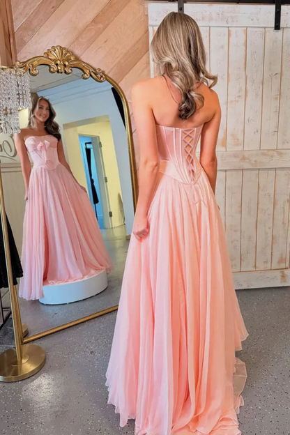 A Line Strapless Pink Chiffon Long Prom Dress With Bow  P209