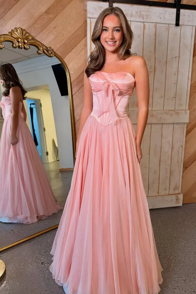 A Line Strapless Pink Chiffon Long Prom Dress With Bow  P209