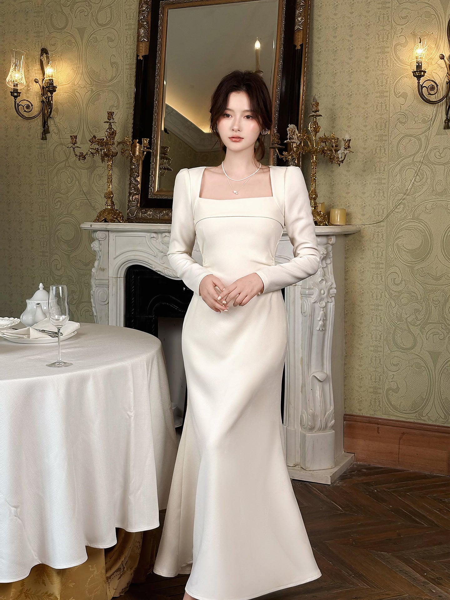 Elegant Long Sleeves Evening Dress Simple Wedding Dress  P21