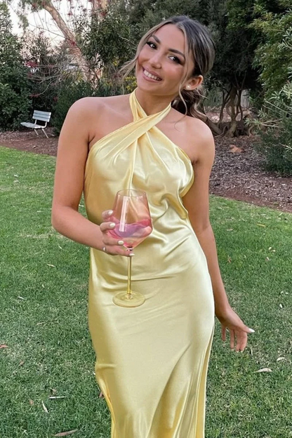 Halter Yellow Sheath Satin Backless Long Prom Dresses  P212