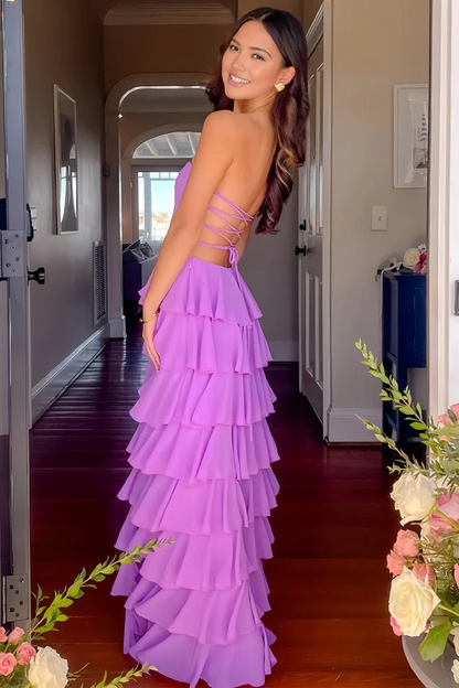 Purple Strapless A Line Chiffon Long Prom Dress With Ruffles  P213
