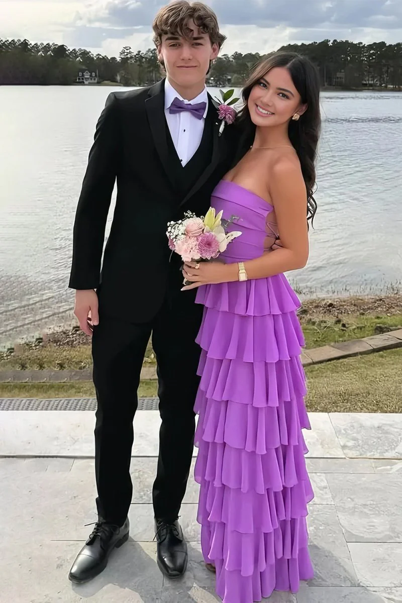 Purple Strapless A Line Chiffon Long Prom Dress With Ruffles  P213