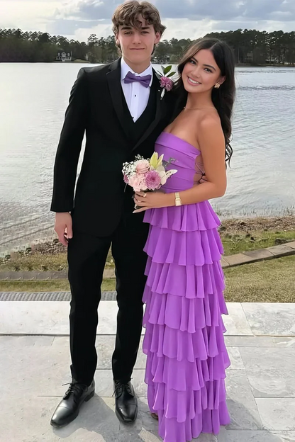 Purple Strapless A Line Chiffon Long Prom Dress With Ruffles  P213