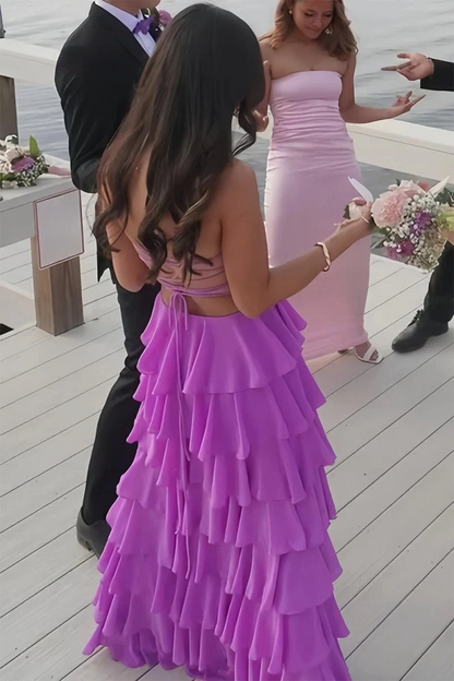Purple Strapless A Line Chiffon Long Prom Dress With Ruffles  P213